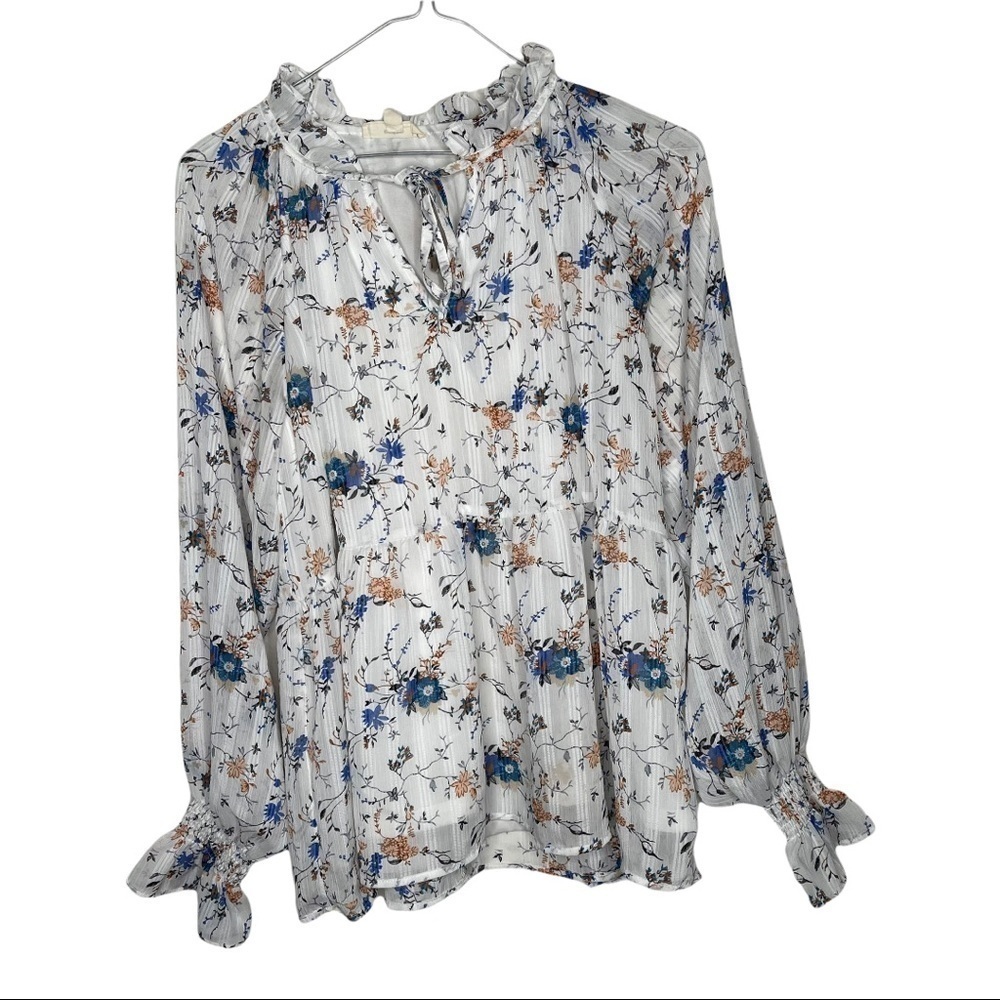 Entro Long Sleeve Peplum White and blue Floral Blouse size Small